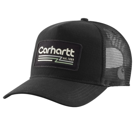 Black mesh cap with Carhartt 1889 retro logo patch.