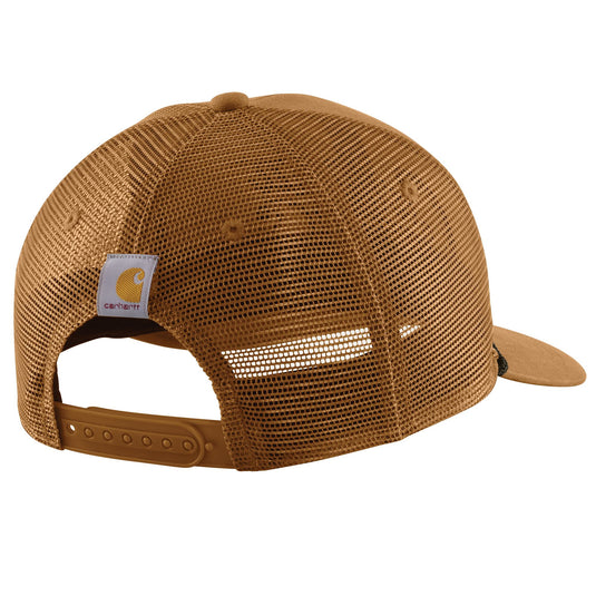 Carhartt logo patch on the back of a brown trucker mesh snapback cap.