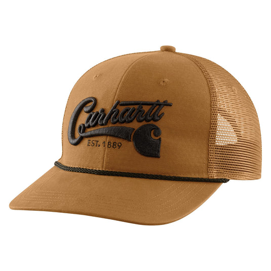 Carhartt logo in script on the front of a brown trucker mesh snapback cap with a black captain cord retro detail on the visor.