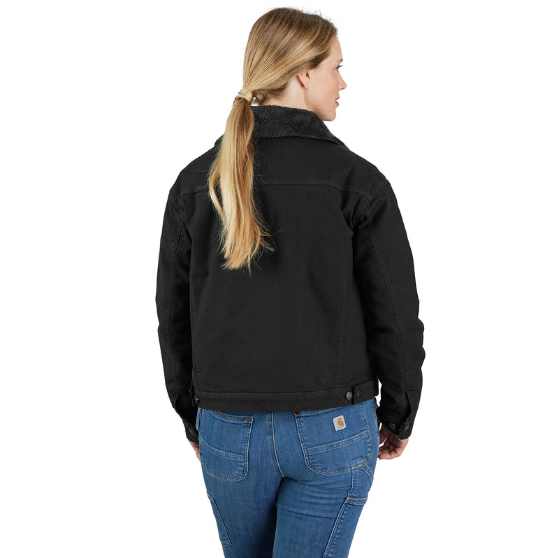 Load image into Gallery viewer, Women&#39;s Carhartt Rugged Flex® Loose Fit Canvas Sherpa-Lined Jacket - Black - Back
