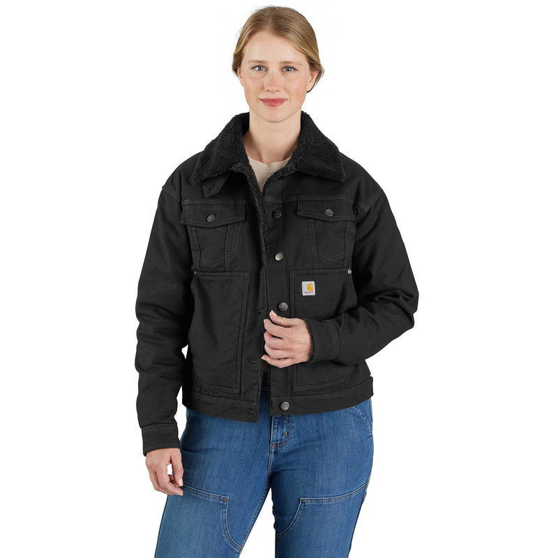 Load image into Gallery viewer, Women&#39;s Carhartt Rugged Flex® Loose Fit Canvas Sherpa-Lined Jacket - Black - Front
