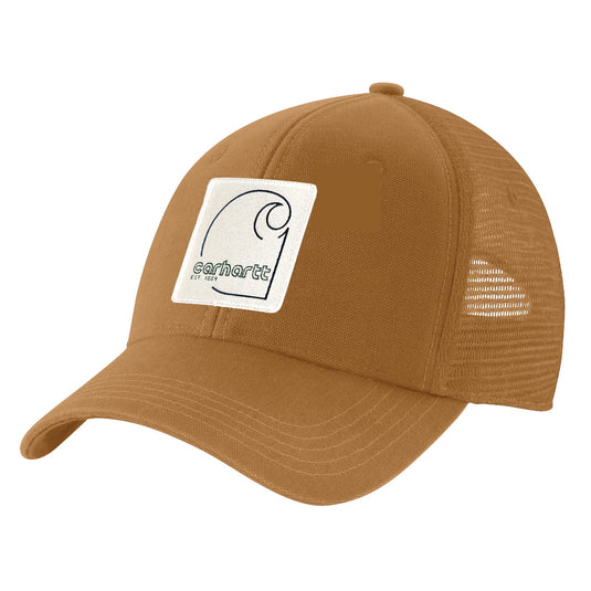 Brown trucker cap with a white Carhartt C patch logo.