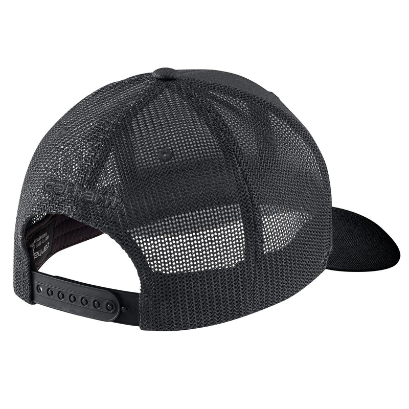 Load image into Gallery viewer, Black mesh cap with Carhartt embroidery and an adjustable snap back strap.
