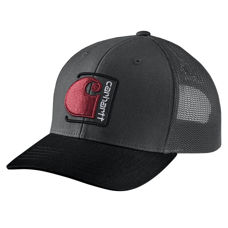 Load image into Gallery viewer, Gray and black cap with a red and black logo.
