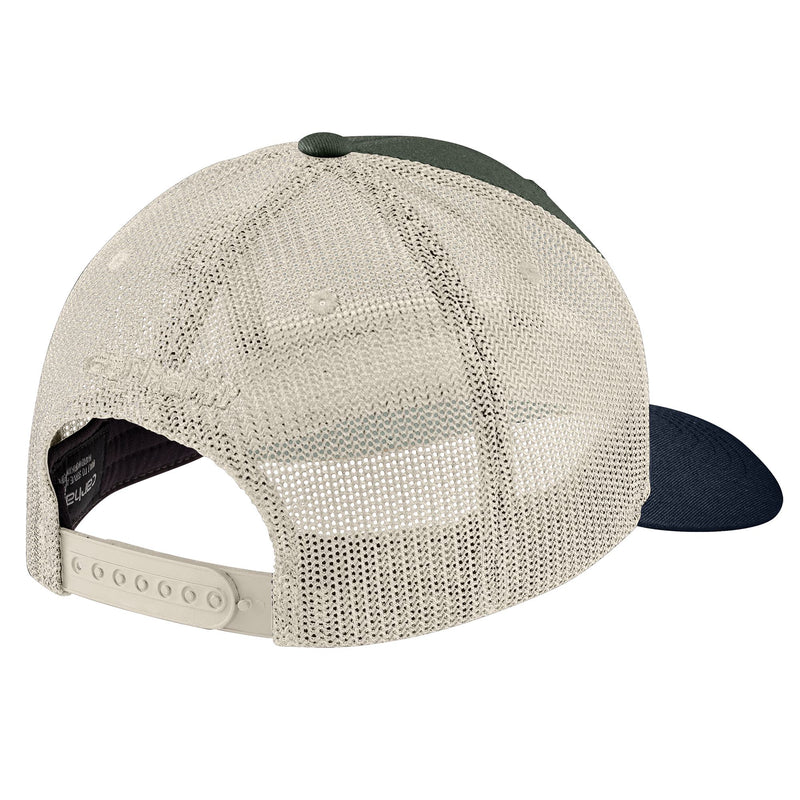Load image into Gallery viewer, Beige and navy trucker cap on a white mesh back and adjustable snap back.
