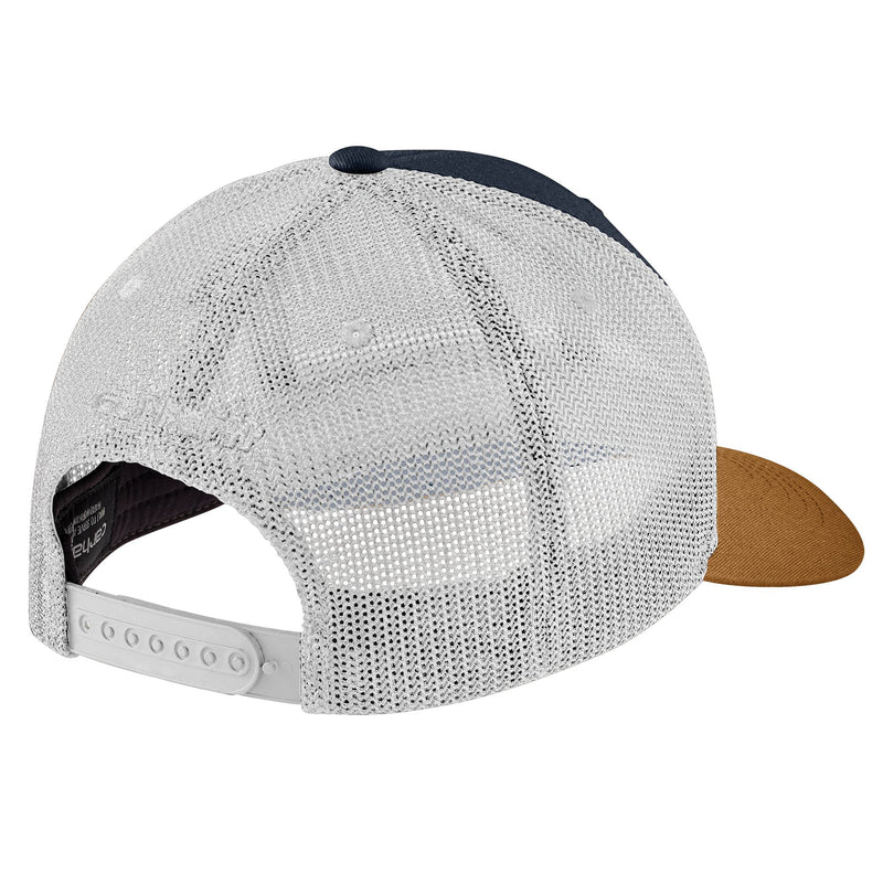 Load image into Gallery viewer, Back view of a Carhartt cap with white mesh design and brown visor.
