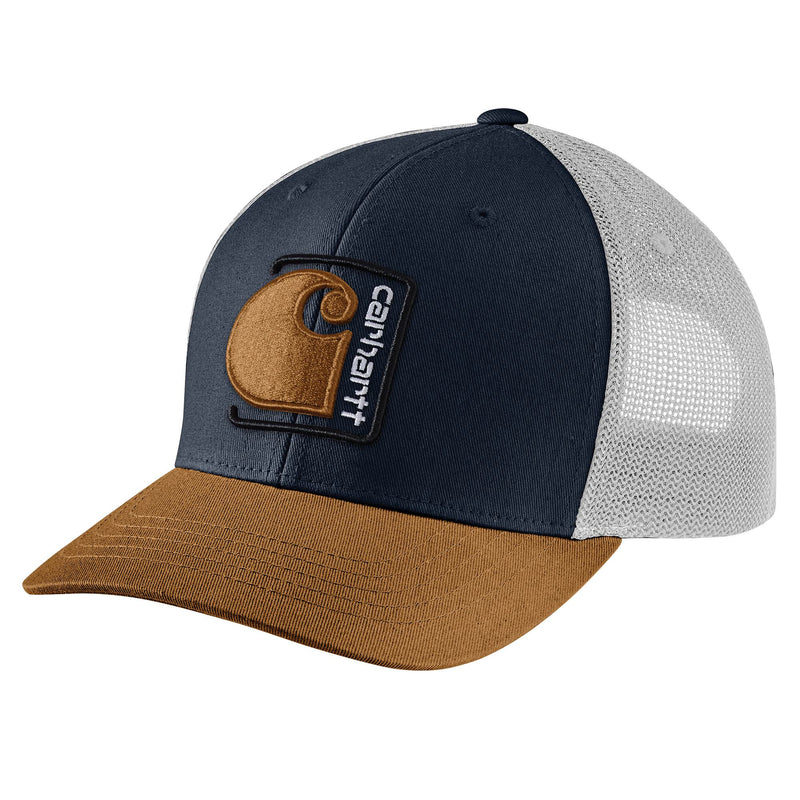 Load image into Gallery viewer, Trucker hat with navy front, brown bill, and white mesh back.

