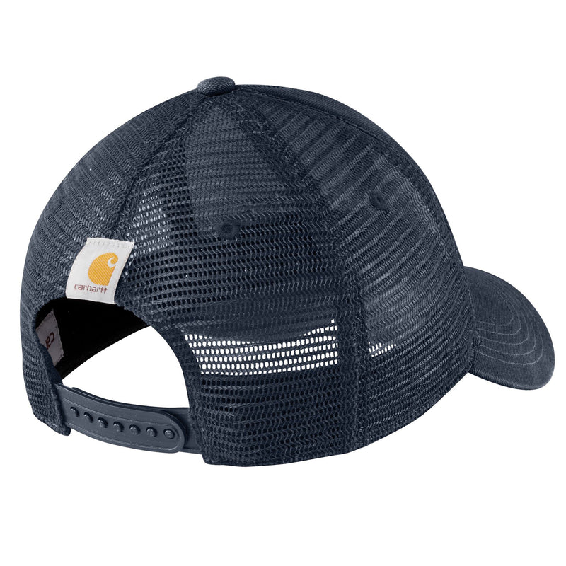 Load image into Gallery viewer, Navy blue mesh cap with Carhartt logo and plastic adjustable snap back strap.

