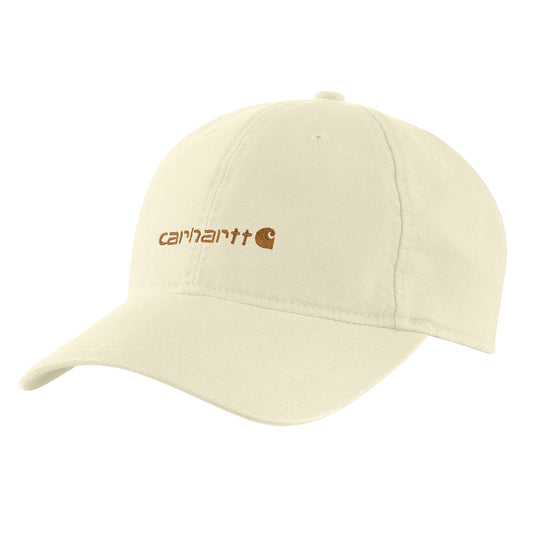 Off white cap with Carhartt logo embroidered on the front.
