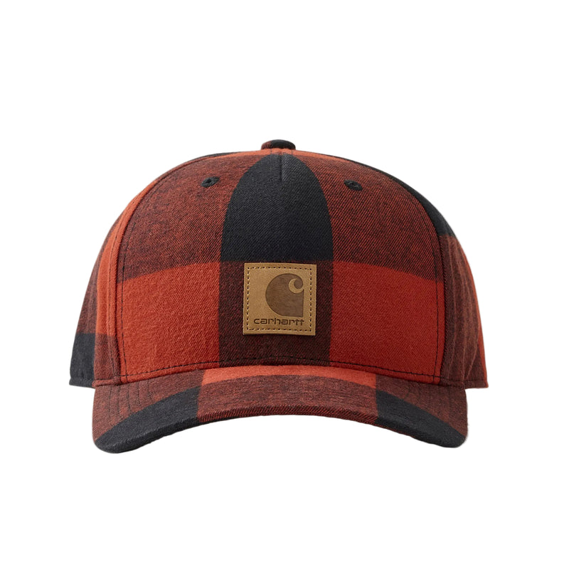 Load image into Gallery viewer, Red and black checkered cotton brushed flannel cap with Carhartt logo.
