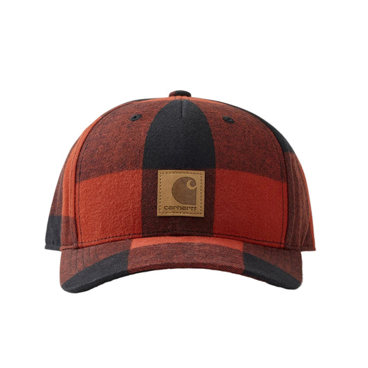 Red and black checkered cotton brushed flannel cap with Carhartt logo.