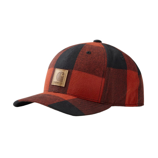 Red and black checkered cotton brushed flannel cap with Carhartt logo.