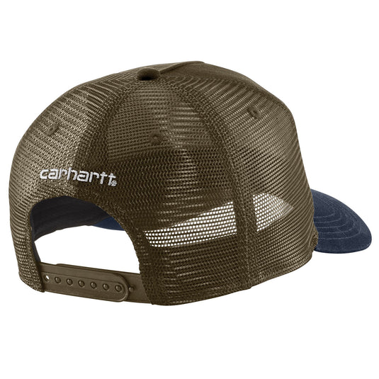 Greenish-brown and navy trucker cap with a Carhartt logo 