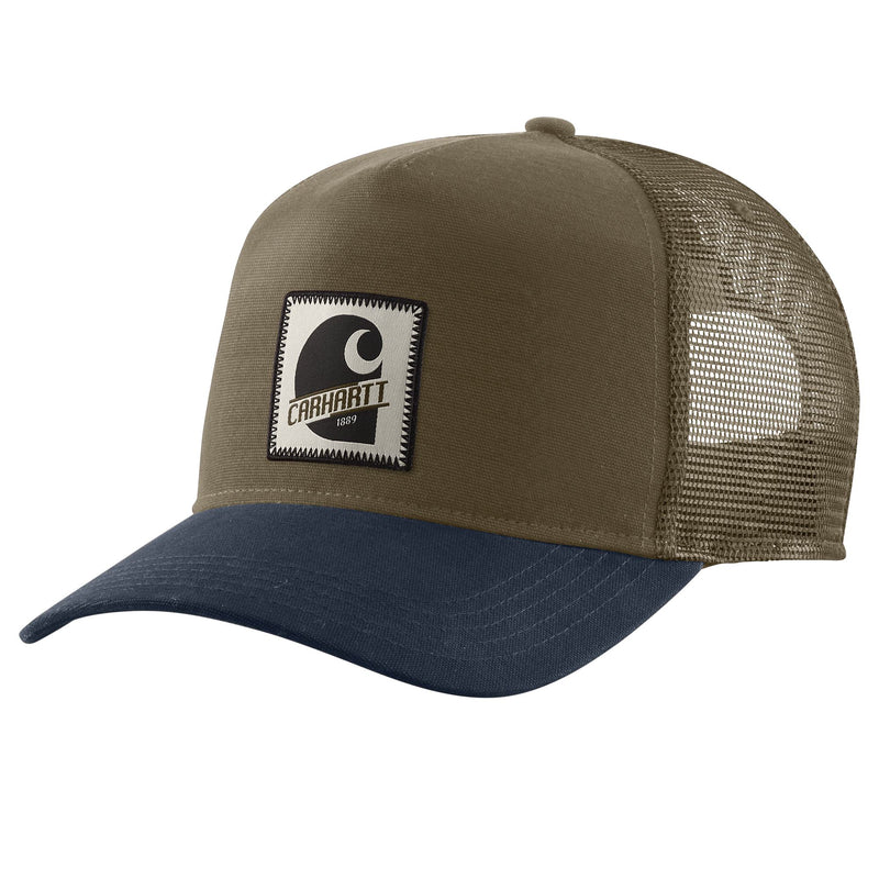 Load image into Gallery viewer, Greenish-brown and navy trucker cap with a Carhartt logo 
