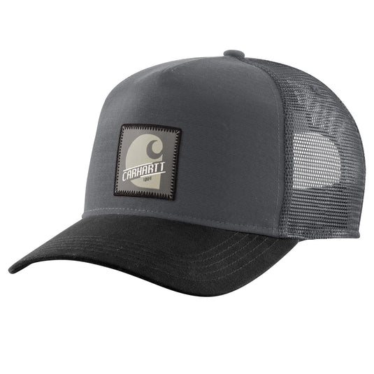 Gray and black mesh trucker cap with Carhartt patch logo
