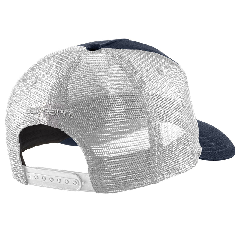 Load image into Gallery viewer, Trucker cap with white mesh back and dark blue visor 
