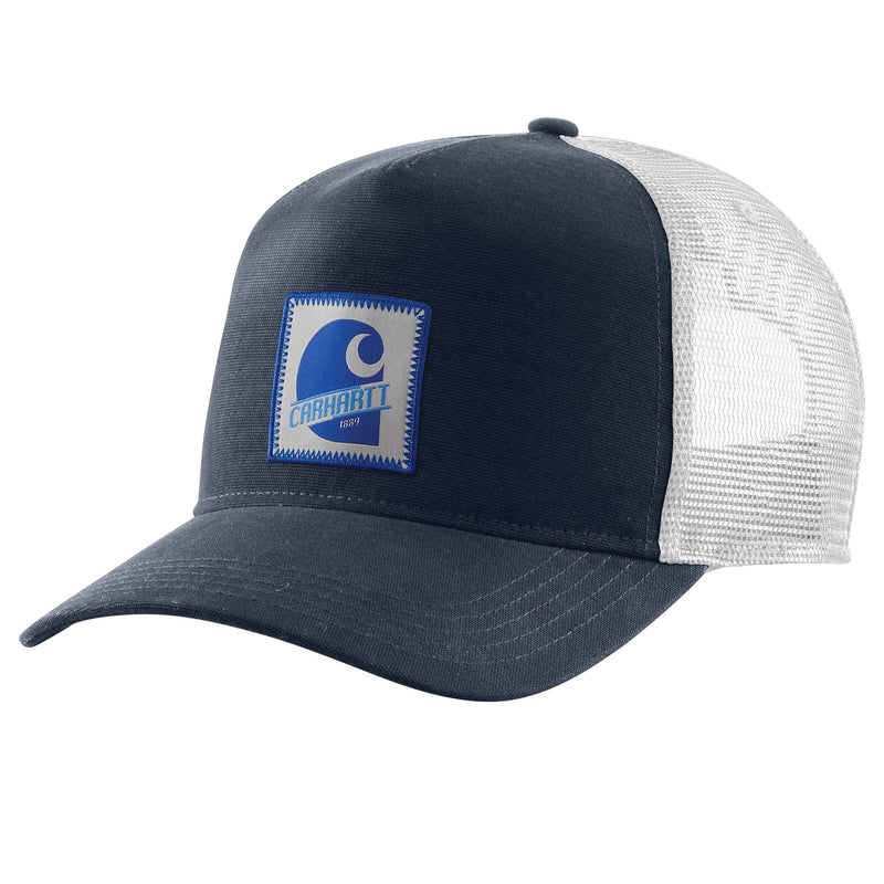Load image into Gallery viewer, Navy blue and white trucker cap with a Carhartt logo patch
