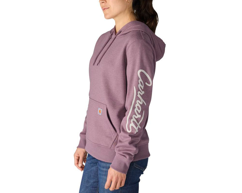 Load image into Gallery viewer, Carhartt W TS7414 Sawyer Script Hoodie - Ash Berry - Side
