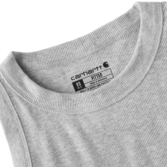 Close up of the rib-knit Carhartt women's tank top in heather gray