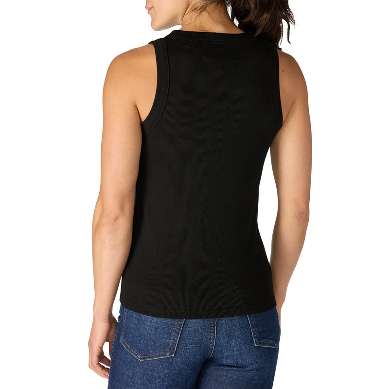 Load image into Gallery viewer, Back of woman wearing a black sleeveless tank top and blue jeans on a white 
