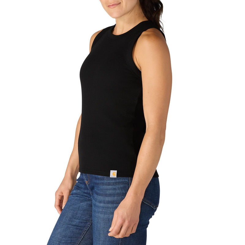 Load image into Gallery viewer, Woman wearing a black sleeveless tank top and blue jeans on a white background
