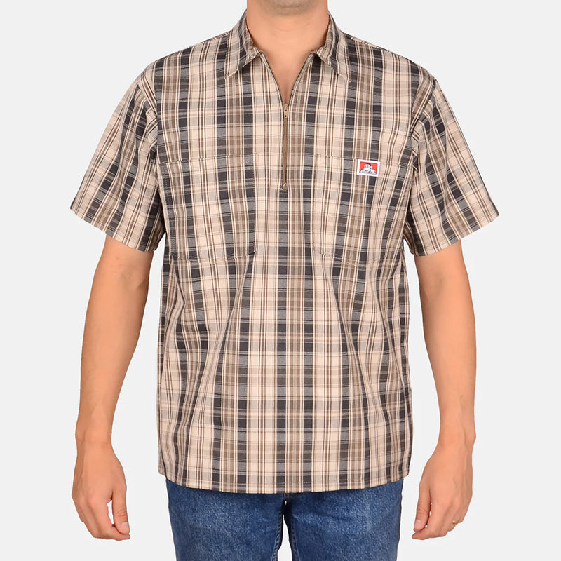 Load image into Gallery viewer, Ben Davis S/S Plaid Half Zip Shirt - Khaki/Gray - Front
