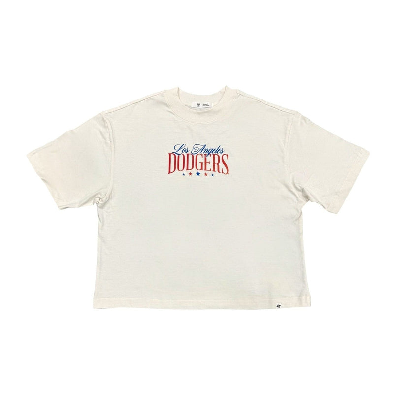 Load image into Gallery viewer, Front view of a relaxed fit '47 Brand Los Angeles Dodgers crop top featuring a patriotic red, white, and blue Los Angeles Dodgers logo.
