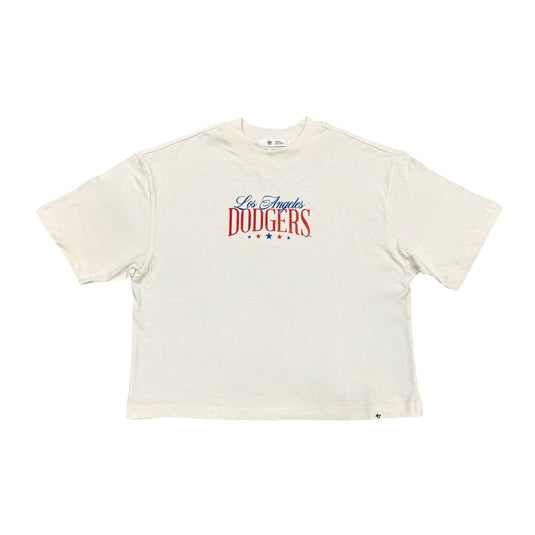 Front view of a relaxed fit '47 Brand Los Angeles Dodgers crop top featuring a patriotic red, white, and blue Los Angeles Dodgers logo.