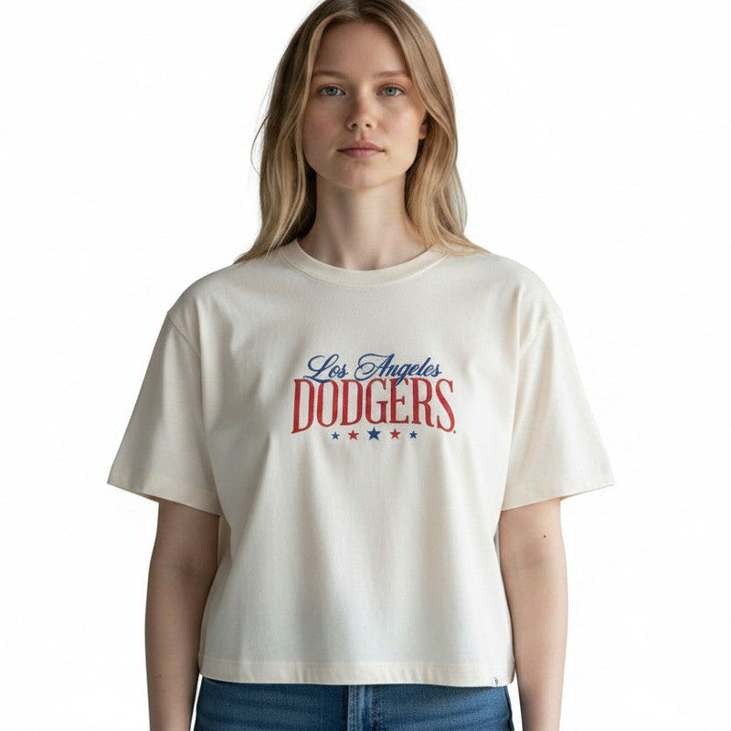 Load image into Gallery viewer, Front view of a women wearing a relaxed fit '47 Brand Los Angeles Dodgers crop top featuring a patriotic Los Angeles Dodgers logo.
