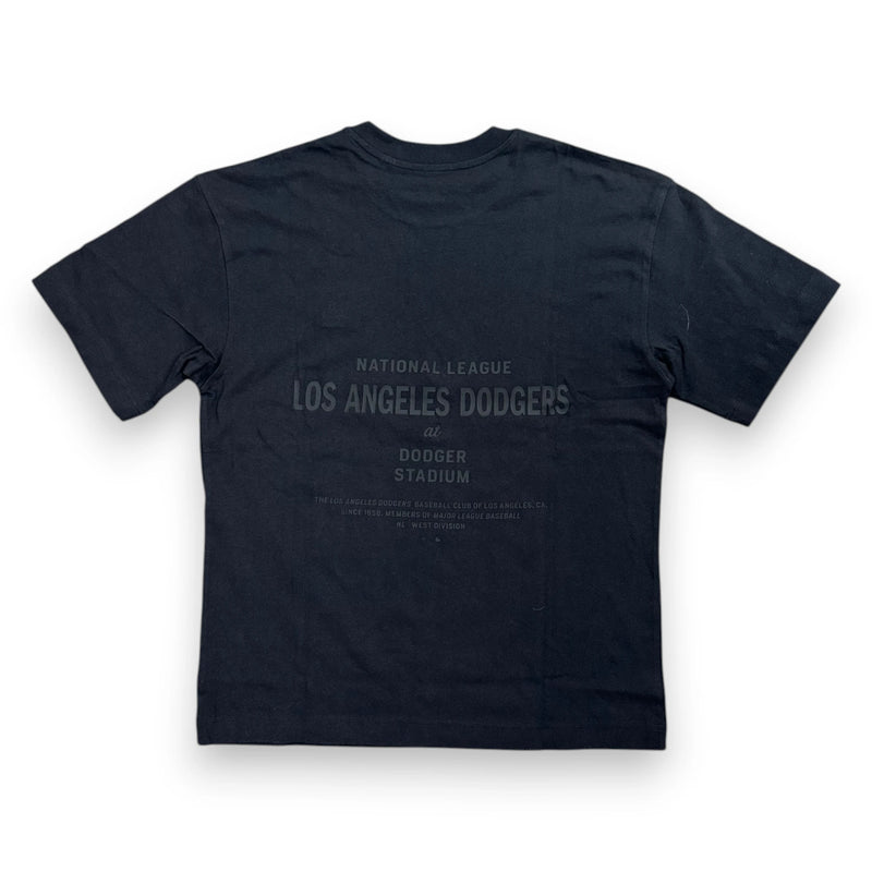 Load image into Gallery viewer, A black short-sleeve t-shirt shown from the back, featuring a faded gray graphic print that reads 'National League Los Angeles Dodgers Dodger Stadium'.
