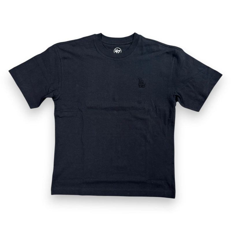 Load image into Gallery viewer, A black short-sleeve crewneck t-shirt with a small black embroidered logo on the left chest, displayed flat against a white background.

