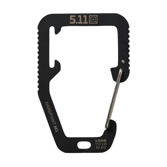 Black carabiner with multiple tools on a white background