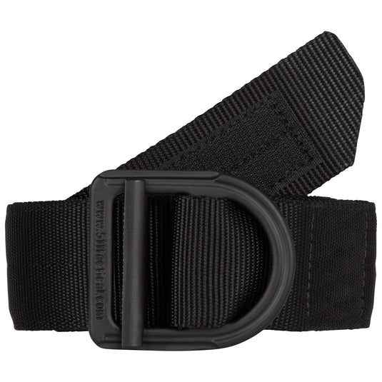 Black utility belt with a black buckle on a white background.