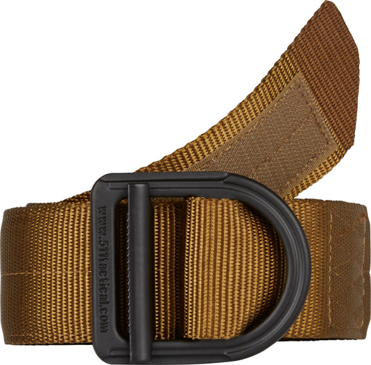 Brown tactical belt with black buckle on a white background