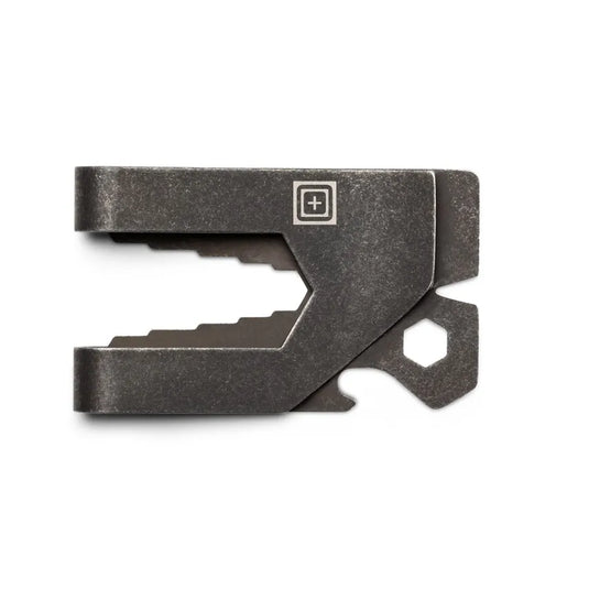 Steel metal money clip with other visible functions and features on a white background.