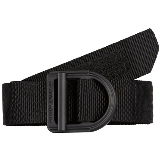 Black belt with a D-shaped buckle on a white background