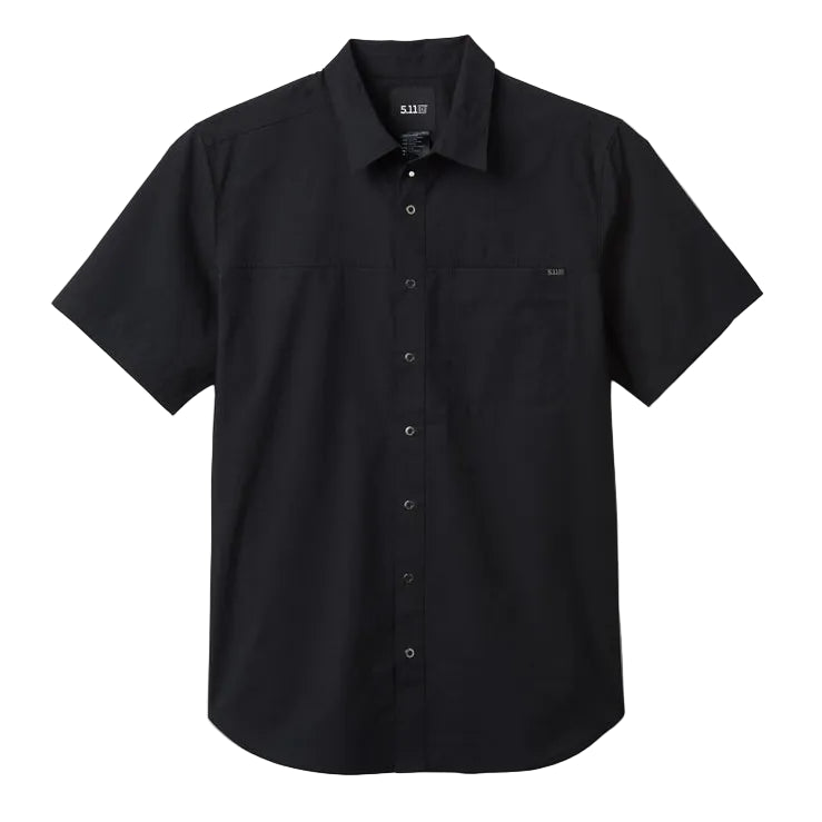 Load image into Gallery viewer, Black collared short sleeve snap on shirt with the 5.11 logo stitched onto the left chest pocket on a white background

