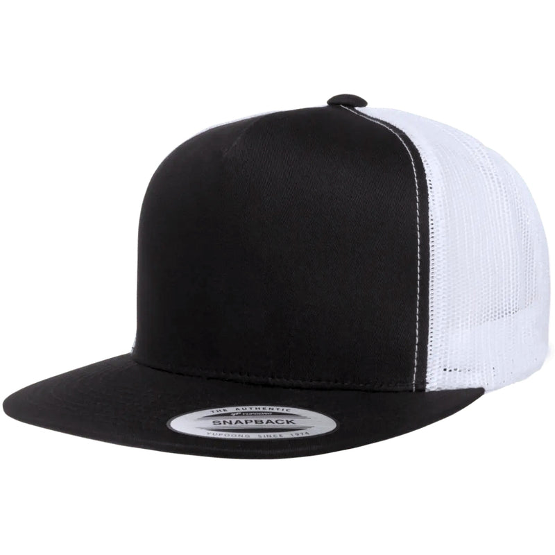 Load image into Gallery viewer, Black and white snapback cap with mesh back trucker style
