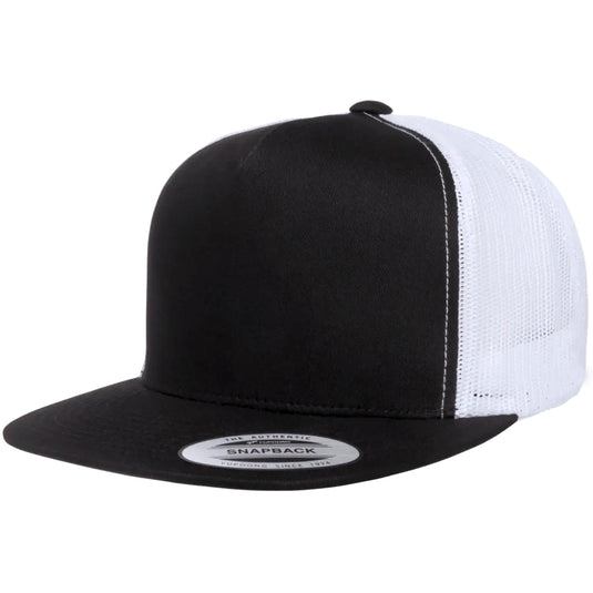 Black and white snapback cap with mesh back trucker style