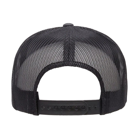 Charcoal gray trucker cap with black mesh back