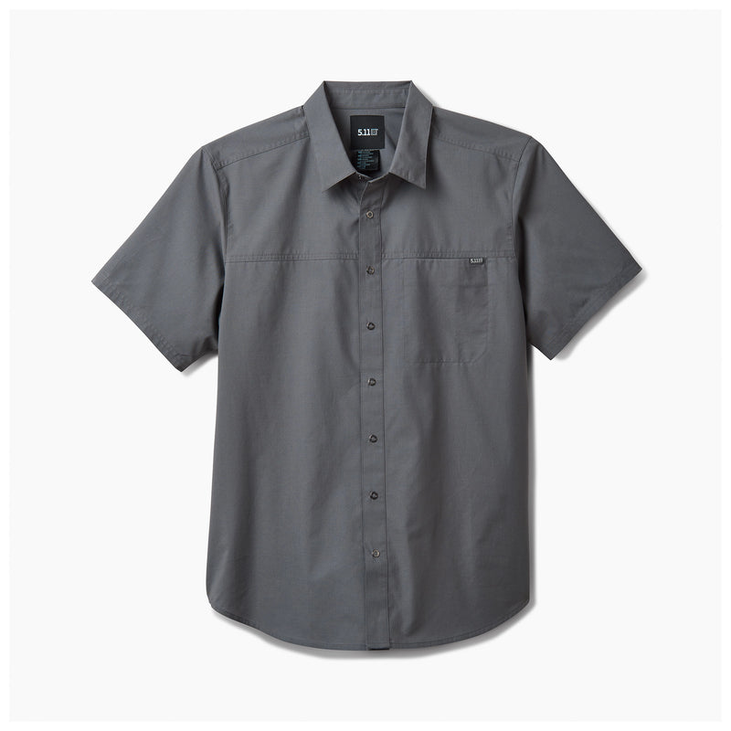 Load image into Gallery viewer, Charcoal gray Wyatt short sleeve snap button shirt with chest pocket logo label detail.
