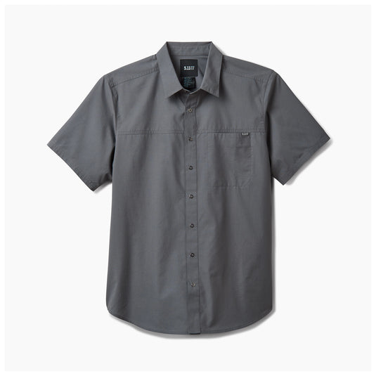 Charcoal gray Wyatt short sleeve snap button shirt with chest pocket logo label detail.