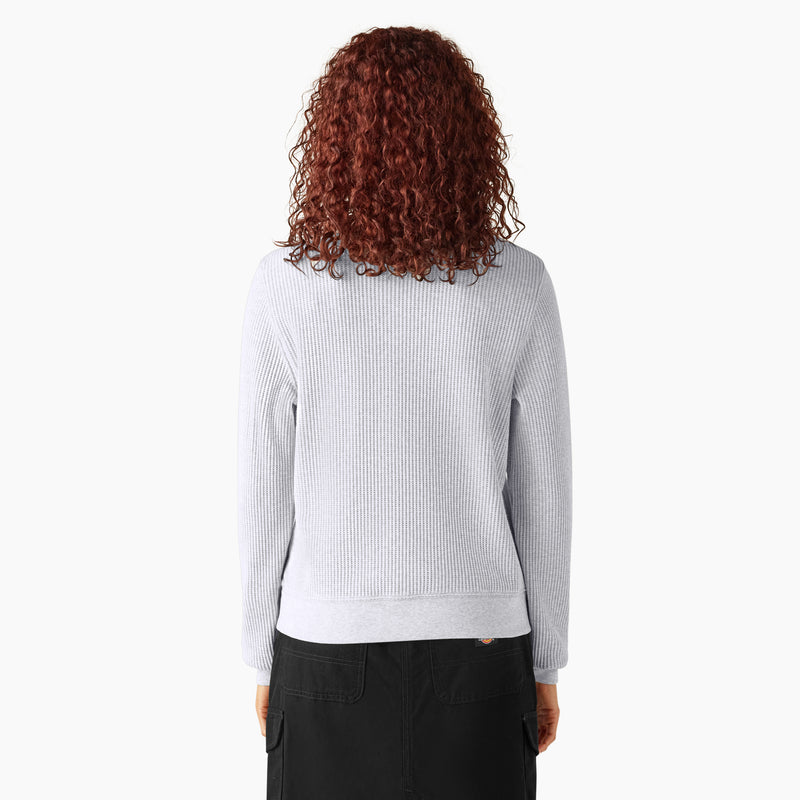 Load image into Gallery viewer, Model is 5' 8" wearing a size small Dickies Women's Thermal Crewneck Shirt - Light Heather Gray - This ashy gray thermal shirt features a classic waffle knit fabric thermal is perfect for wearing on its own or layered under your favorite Dickies hoodies and jackets.
