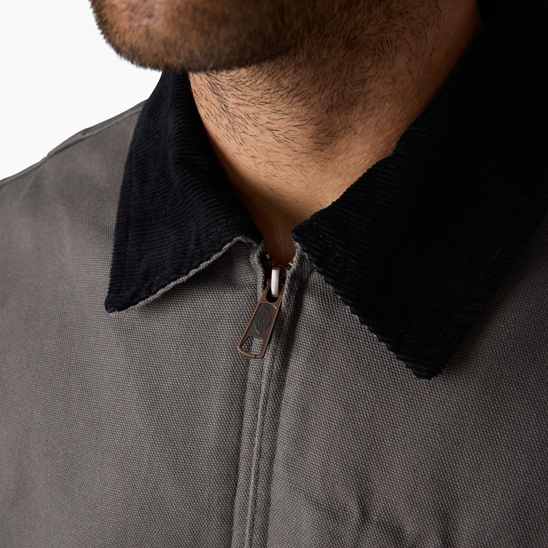 Load image into Gallery viewer, Close up of the corduroy collar of the Fort Worth heritage piece built for hard work, the Men’s Blanket Lined Duck Canvas Jacket stands up to the elements with time-tested durability and comfort like the original 758 Dickies Duck Jacket.
