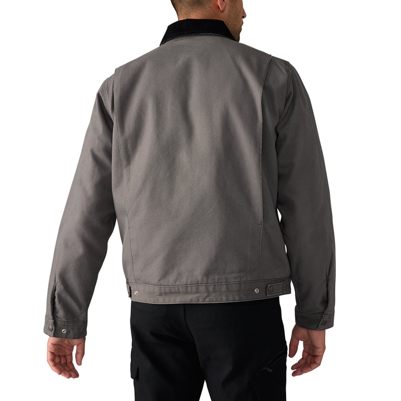 Load image into Gallery viewer, The back of a model wearing a slate Fort Worth heritage piece built for hard work, the Men’s Blanket Lined Duck Canvas Jacket stands up to the elements with time-tested durability and comfort like the original 758 Dickies Duck Jacket.
