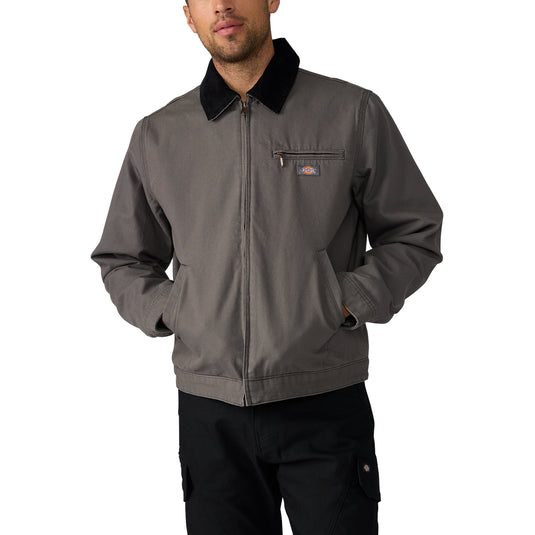 The front of a model wearing a slate Fort Worth heritage piece built for hard work, the Men’s Blanket Lined Duck Canvas Jacket stands up to the elements with time-tested durability and comfort like the original 758 Dickies Duck Jacket.