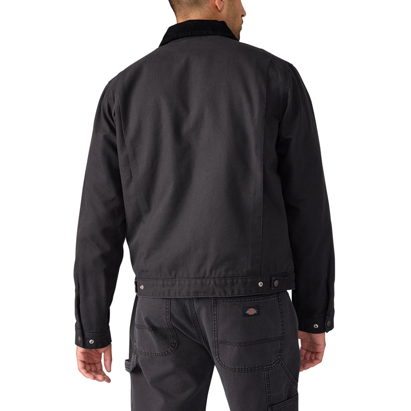 Load image into Gallery viewer, The back of a model wearing a black Fort Worth heritage piece built for hard work, the Men’s Blanket Lined Duck Canvas Jacket stands up to the elements with time-tested durability and comfort like the original 758 Dickies Duck Jacket.

