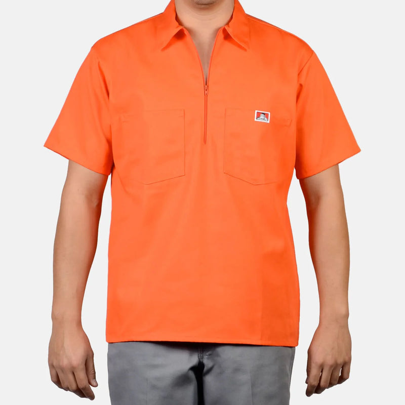 Load image into Gallery viewer, Orange half zip short-sleeve work shirt with a ben davis logo on the left chest pocket 
