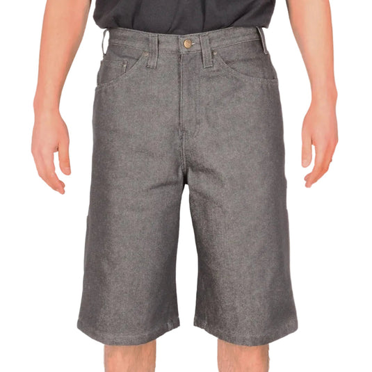 Person wearing gray Ben Davis denim shorts on a white background