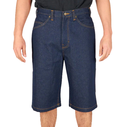 Person wearing blue denim shorts on a white background